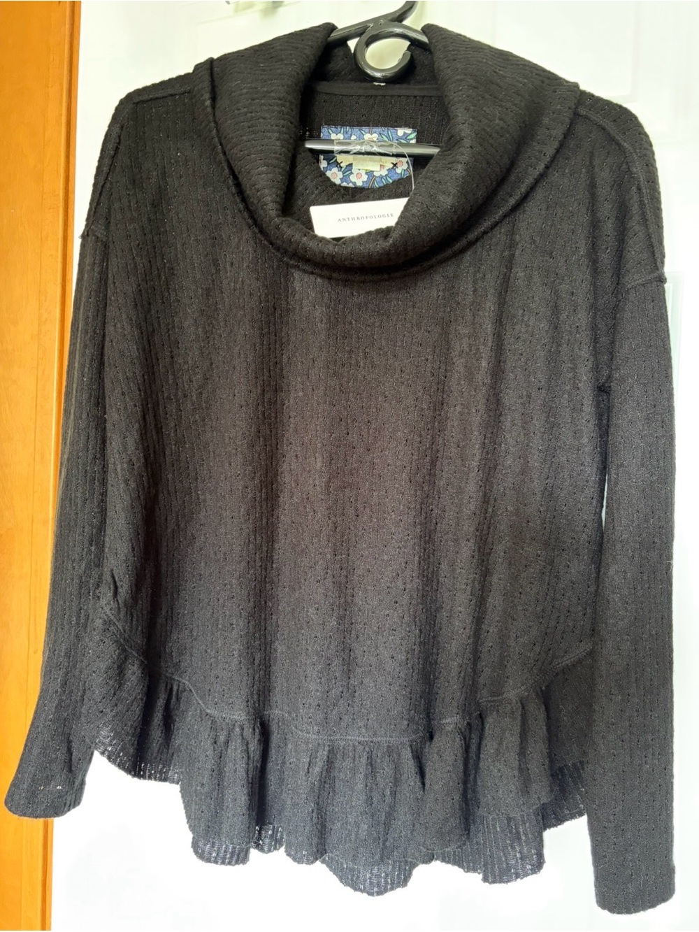 Anthropologie Maeve Winterscape Black Cowl Neck Ruffle Hem Sweater